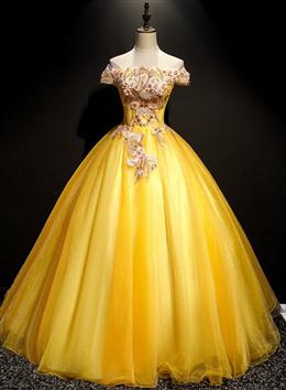 Picture of Pretty Yellow Tulle Sweet 16 Dress, Ball Gown Dresses, Off Shoulder Formal Dresses